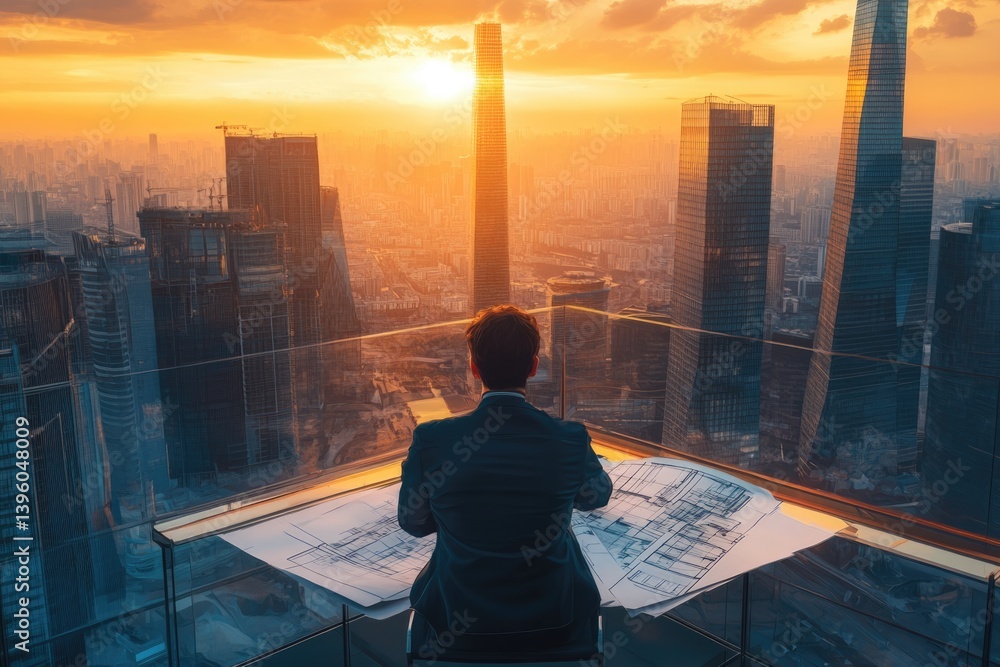 Architect reviewing blueprints at sunset, overlooking a stunning cityscape of modern skyscrapers. Architect reviewing blueprints at sunset, overlooking a stunning cityscape of modern skyscrapers.