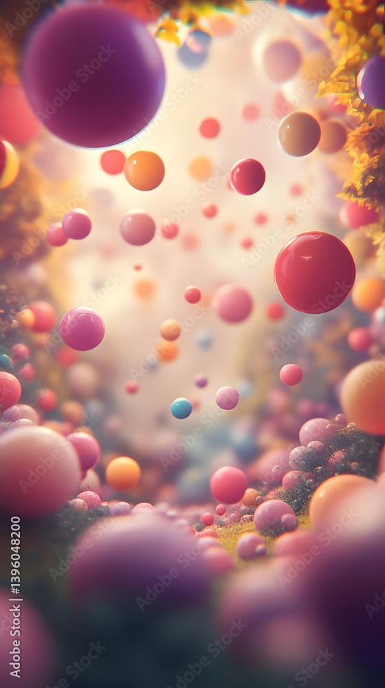 Colorful Spheres Float Gently in Dreamy Landscape Colorful Spheres Float Gently in Dreamy Landscape