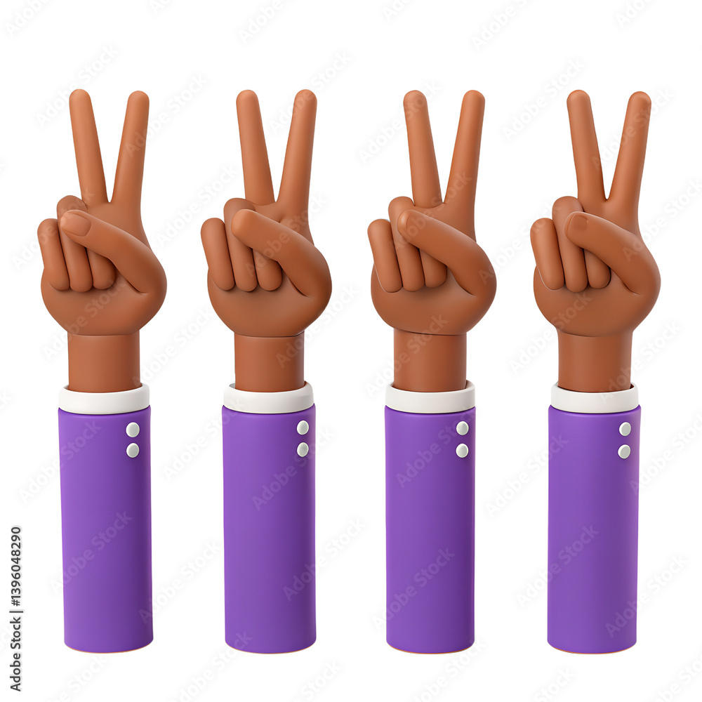 Obraz premium 3D render of four cartoon hands with brown skin showing the peace sign on a transparent background