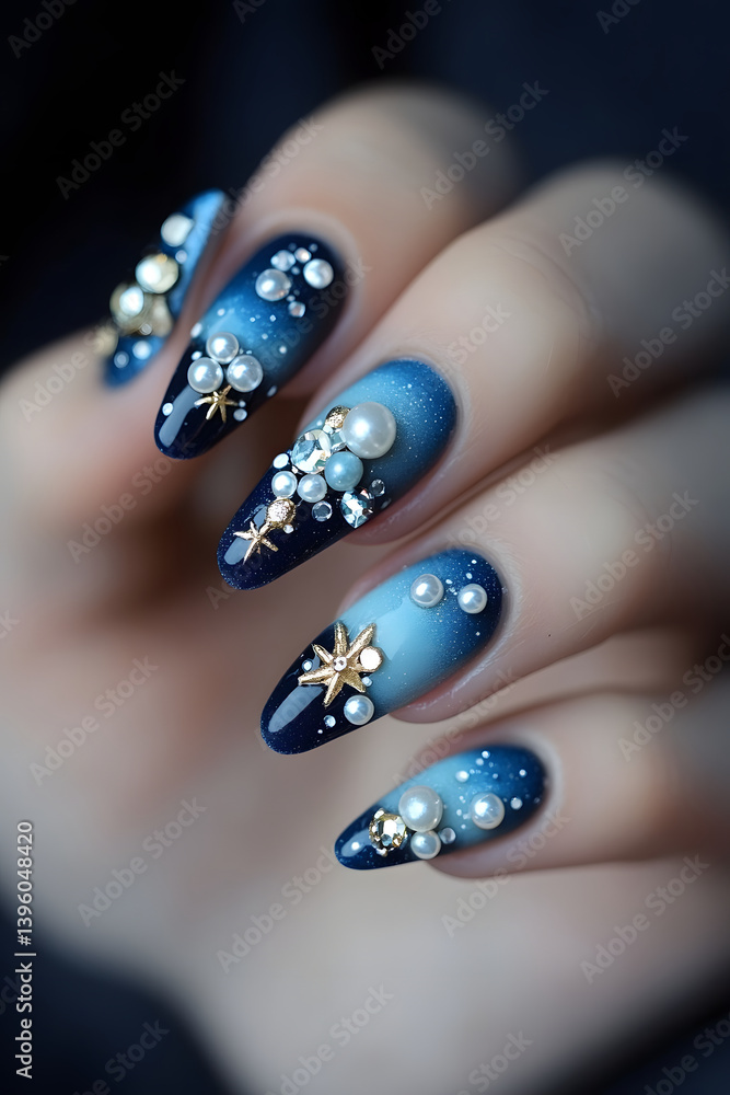 A beautiful display of ombre nail art featuring blue tones adorned with pearls and gems, evoking a sense of elegance and sophistication. A beautiful display of ombre nail art featuring blue tones adorned with pearls and gems, evoking a sense of elegance and sophistication.