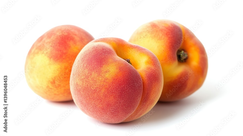 On a white background, a ripe peach, perfect for a summer treat. On a white background, a ripe peach, perfect for a summer treat.