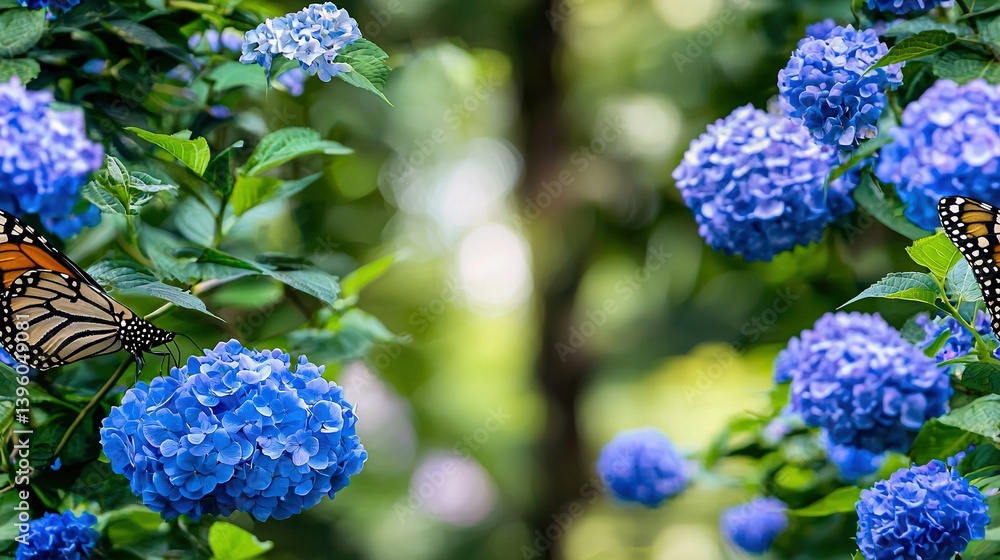 Butterfly on blue flower with green leaves and blue hydrangeas in background Butterfly on blue flower with green leaves and blue hydrangeas in background