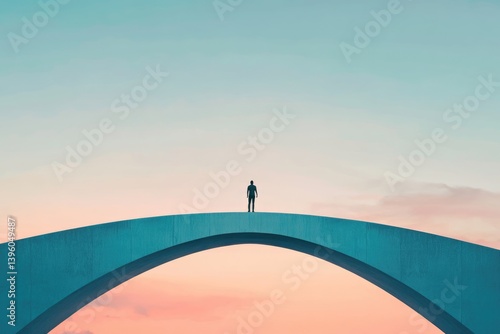 A lone figure stands on a teal arched bridge against a pastel sunset sky, contemplating the future.