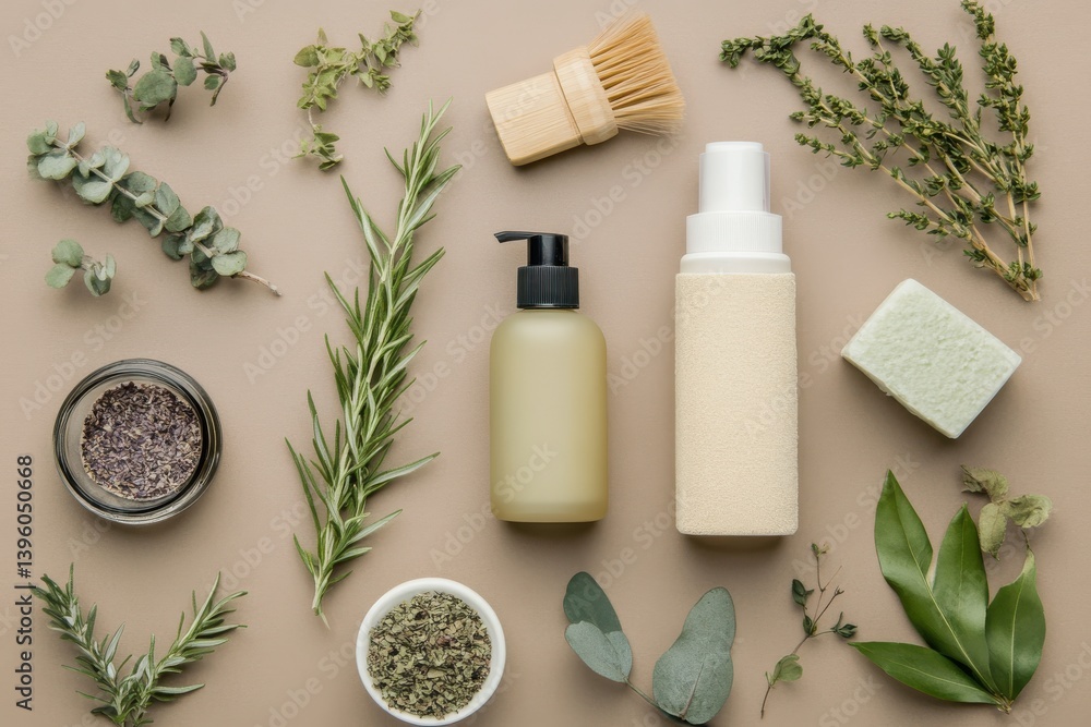 Natural skincare products arranged with herbs and leaves on a tan background showcasing organic beauty routines Natural skincare products arranged with herbs and leaves on a tan background showcasing organic beauty routines