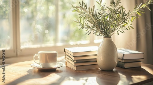 Sunlit Mediterranean Living Room with Olive Branch Vase, Coffee Cup, and Stacked Books on Wooden Table - Modern Home Office Elegance Theme