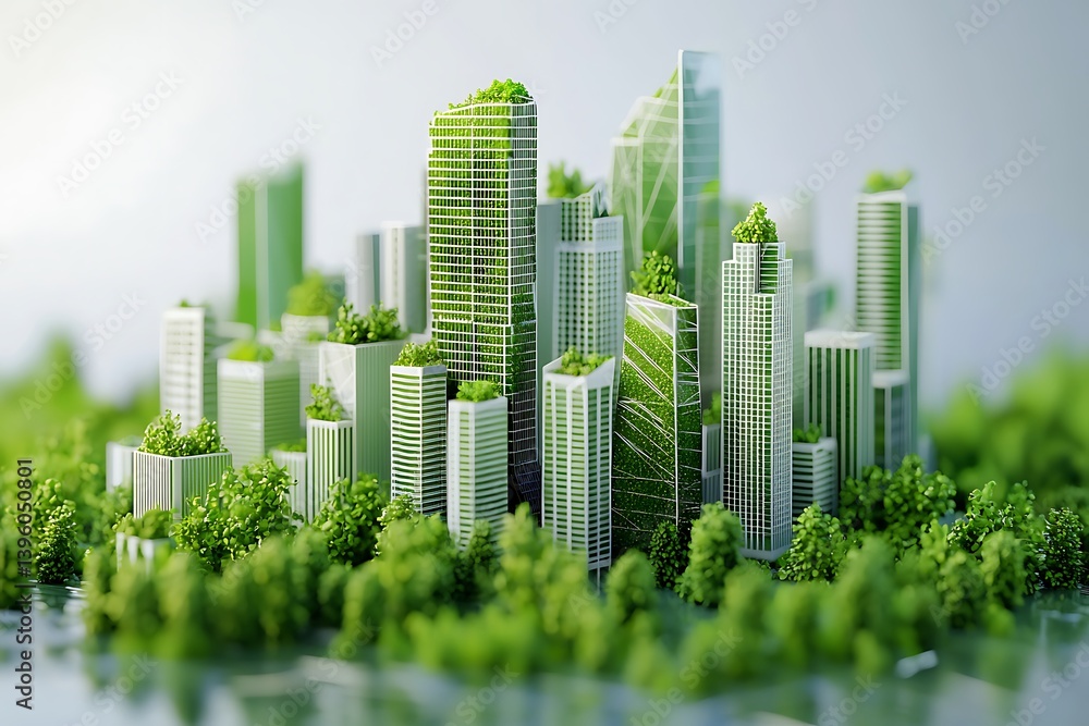 Obraz premium Abstract 3D image a clean, green cityscape, highlighting urban environmental efforts