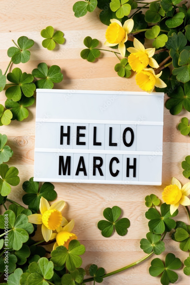 hello march sign with yellow flowers