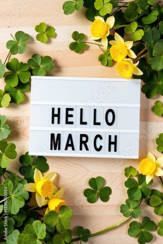 Obraz na płótnie hello march sign with yellow flowers w salonie