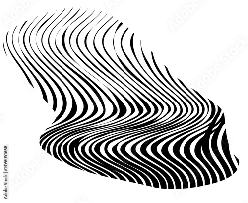 Irregularly shaped figure with flowing black and white zebra-style stripes creating a curved organic form.