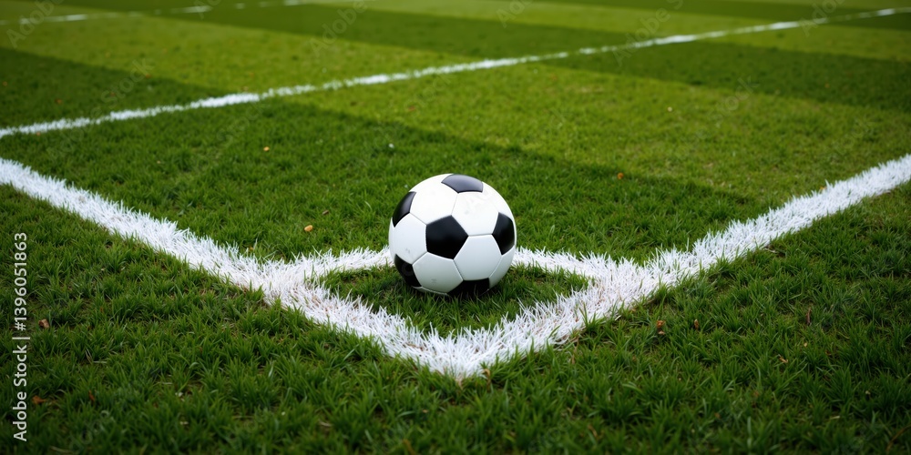 a soccer ball on the field with white lines