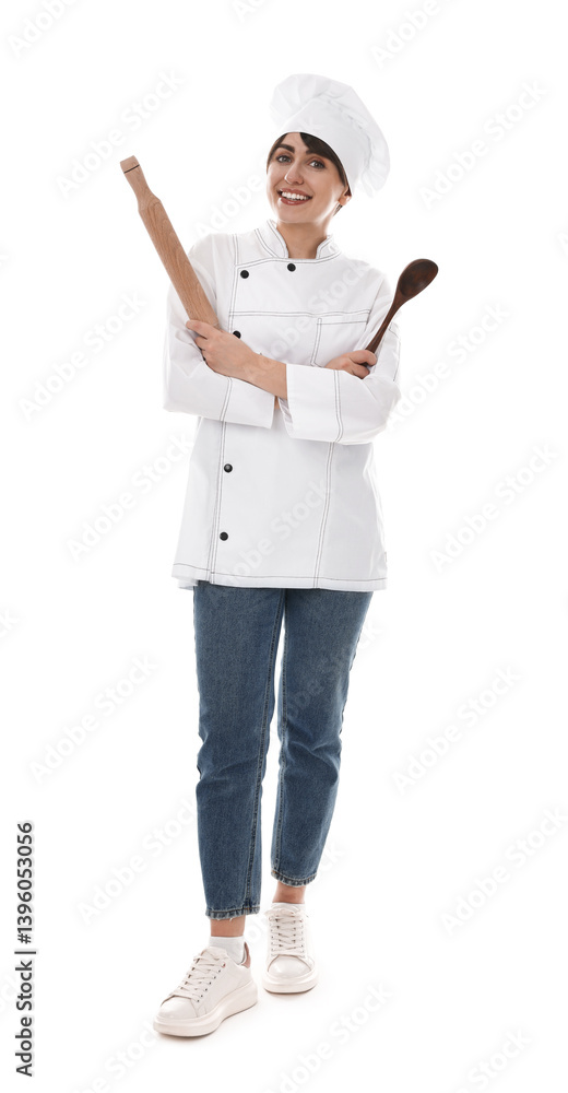 Professional chef with rolling pin and spoon on white background Professional chef with rolling pin and spoon on white background