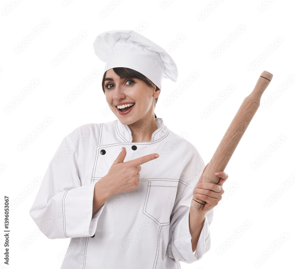 Professional chef pointing at rolling pin on white background Professional chef pointing at rolling pin on white background