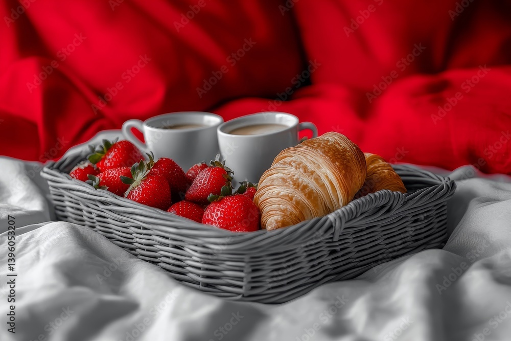 Black and white photography of a gray wicker tray with strawberries and espresso on a red bed
