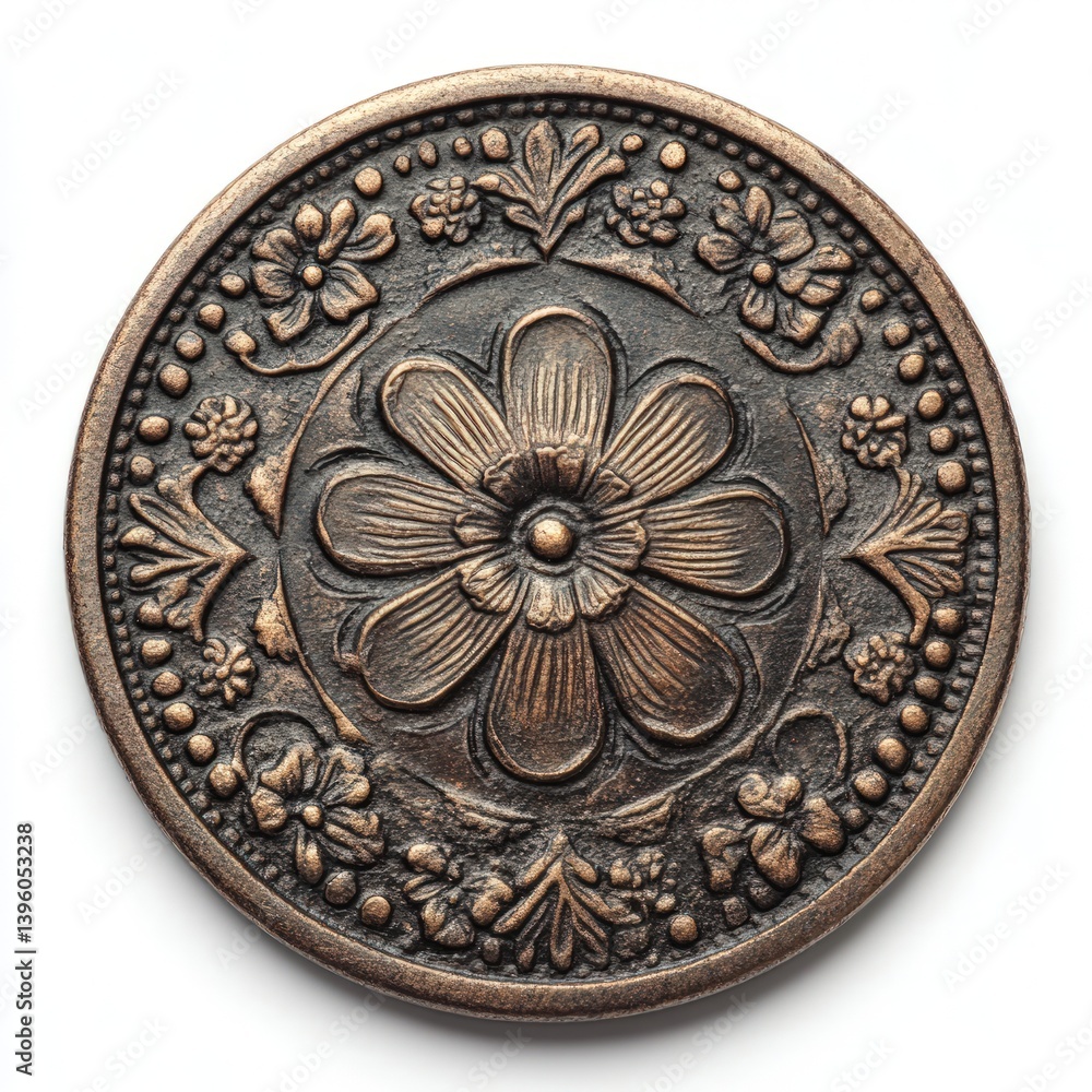 Old-style coin with an abstract design, isolated on white background Old-style coin with an abstract design, isolated on white background