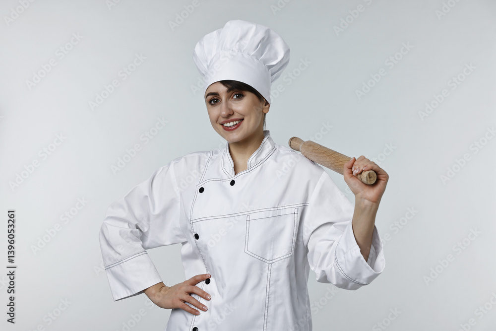 Professional chef with rolling pin on light grey background Professional chef with rolling pin on light grey background