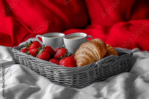 Obraz na płótnie Black and white photography of a gray wicker tray with strawberries and espresso on a red bed w salonie