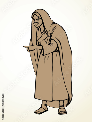 Vector drawing. Ancient woman standing and showing