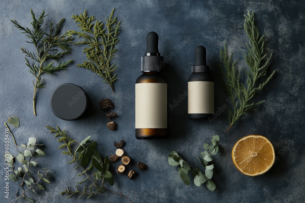 Essential oil bottles surrounded by herbs and citrus on a textured surface at a wellness studio Essential oil bottles surrounded by herbs and citrus on a textured surface at a wellness studio