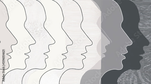 Faces abstract shapes evolve into darkness in textured composition