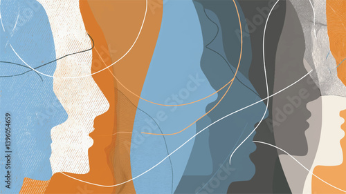 Abstract faces overlap creating muted colorful background illustration