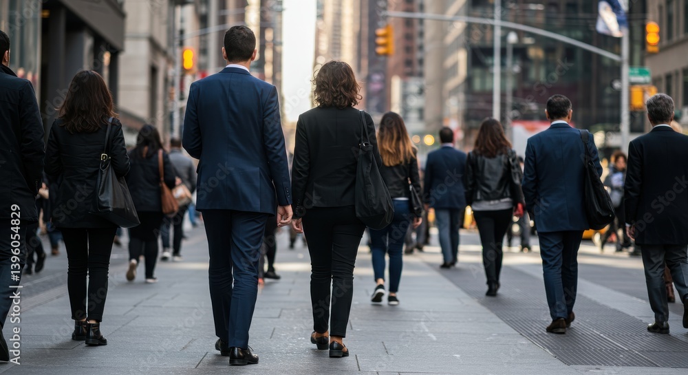 Pedestrians walking on a busy city sidewalk with tall buildings and sunlight reflecting off windows above them Pedestrians walking on a busy city sidewalk with tall buildings and sunlight reflecting off windows above them