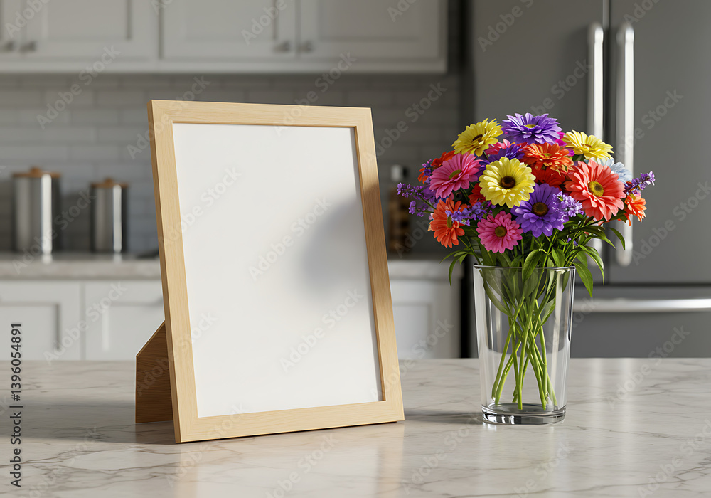 Blank frame mockup with flowers on kitchen counter for home decor art Blank frame mockup with flowers on kitchen counter for home decor art