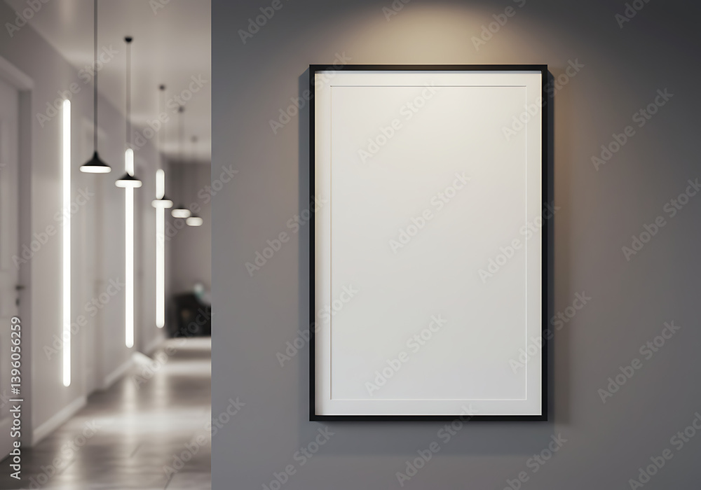 Blank frame mockup on gray wall in modern hallway interior design art Blank frame mockup on gray wall in modern hallway interior design art