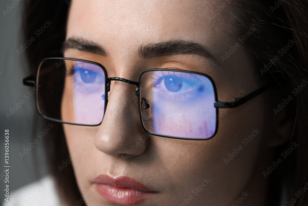 Young woman wearing glasses with reflection on dark background, closeup Young woman wearing glasses with reflection on dark background, closeup