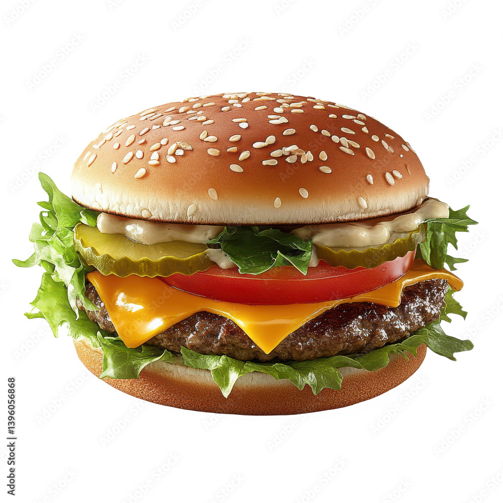 A delicious looking hamburger with lettuce tomato and cheese layers on transparent background A delicious looking hamburger with lettuce tomato and cheese layers on transparent background