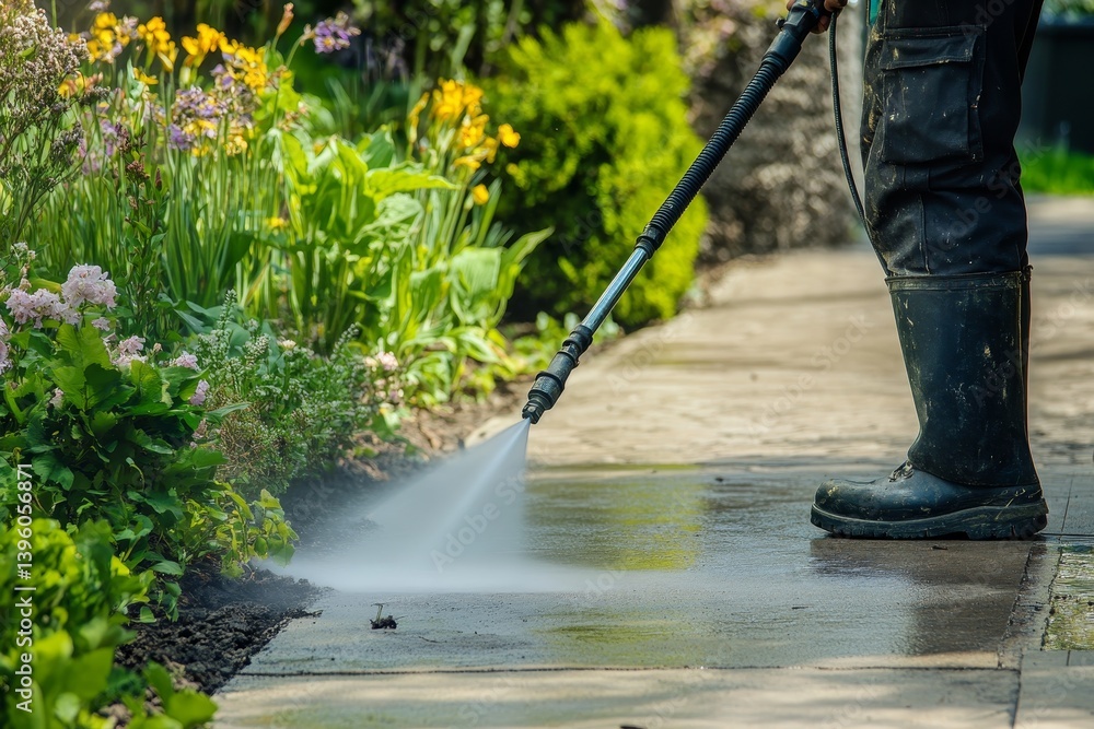 Man power washing driveway in spring garden surrounded by greenery and colorful flowers