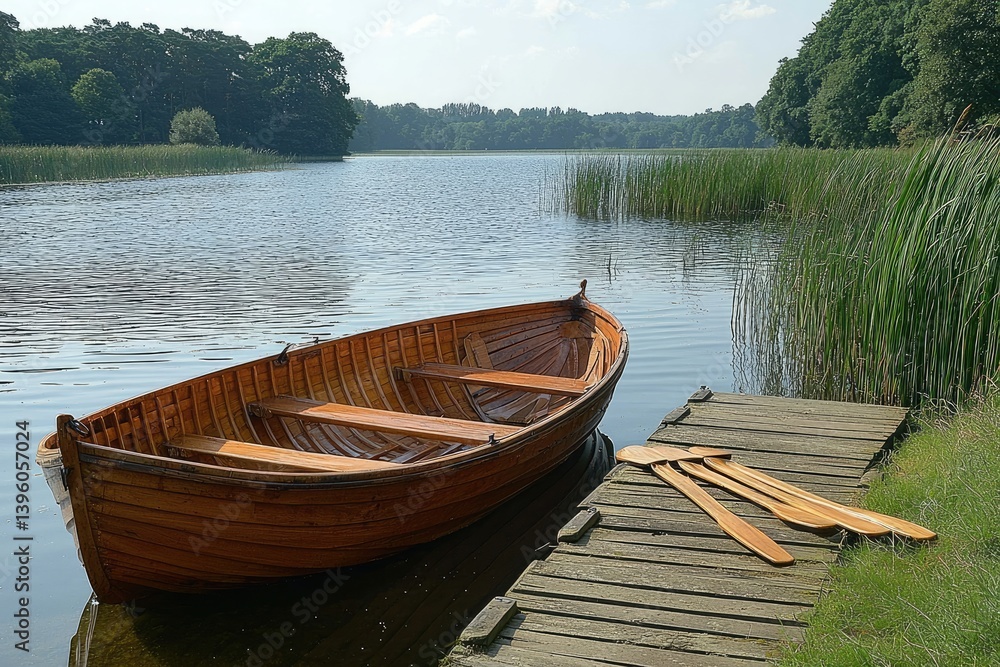 Wooden Rowboat on Lakeside Dock Wooden Rowboat on Lakeside Dock