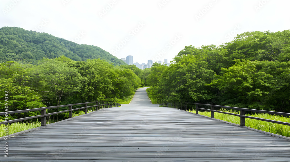 Wooden Path Through Lush Forest Leading To Cityscape Wooden Path Through Lush Forest Leading To Cityscape