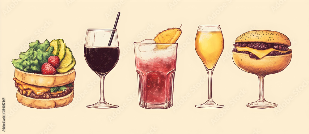 Still life of drinks and food in a drawing style Still life of drinks and food in a drawing style