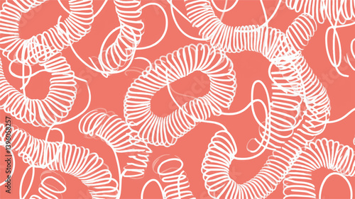 Coiled strings scatter across vibrant pink backdrop generating pattern