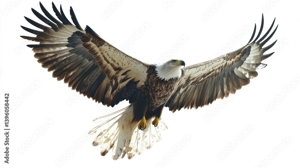 Obraz premium Bald eagle soaring, wings spread, white background, wildlife photography, nature