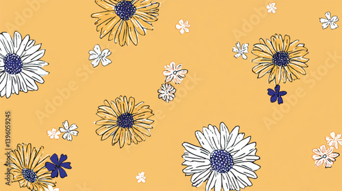 Daisies scattered decorate bright yellow floral botanical background pattern