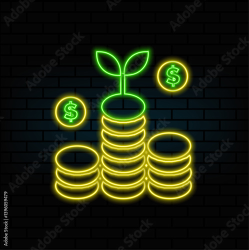 investment icon. a plant on pile of coins vector. neon style.dollar currency stacks growing investment growth success.