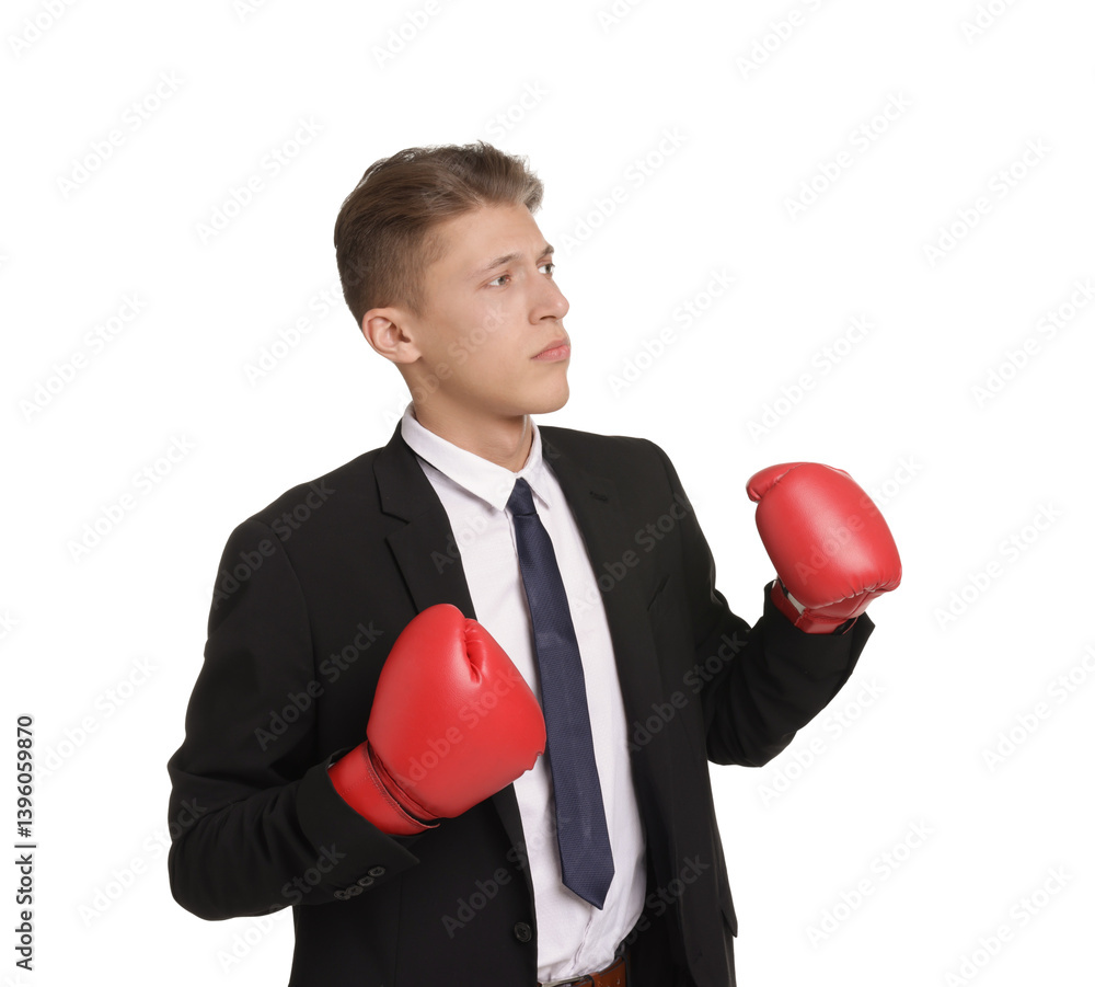Competition. Businessman in suit wearing boxing gloves on white background Competition. Businessman in suit wearing boxing gloves on white background