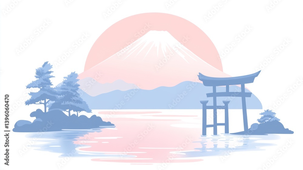 Serene Japanese Mount Fuji sunrise, torii gate, lake, travel poster