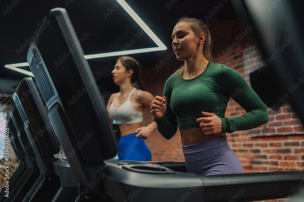 Obraz premium Two young women running on treadmills in modern gym