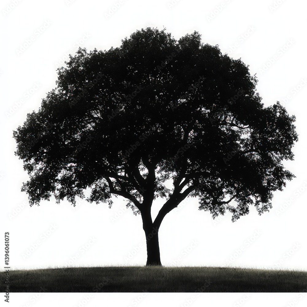 Obraz premium Silhouette of a large tree in a field, isolated on white background