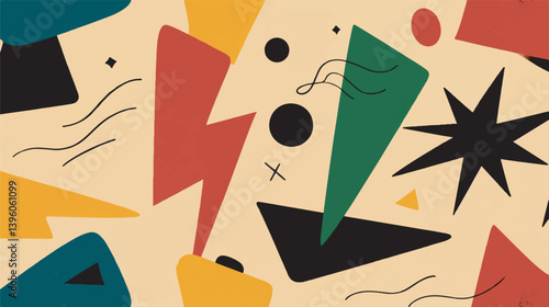 Shapes abstractly scatter textured beige backdrop creating visual complexity