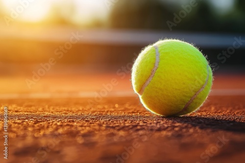 Tennis ball on court with sunlit background  ideal sports concept banner with text space