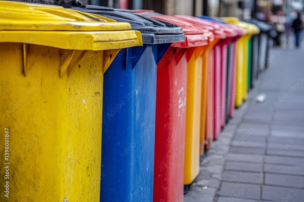 Vibrant row of colorful trash cans lining a city street in a close up photography shot