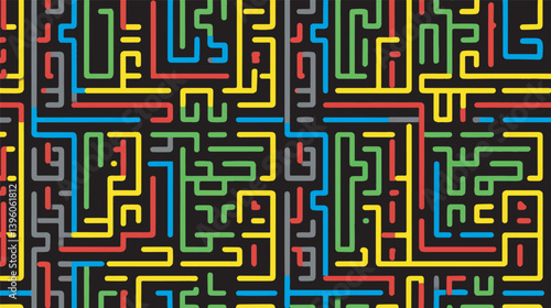 Colorful lines interweave forming geometric maze pattern on black background