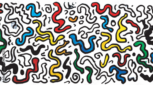 Colorful squiggles twist abstractly across clean white background pattern