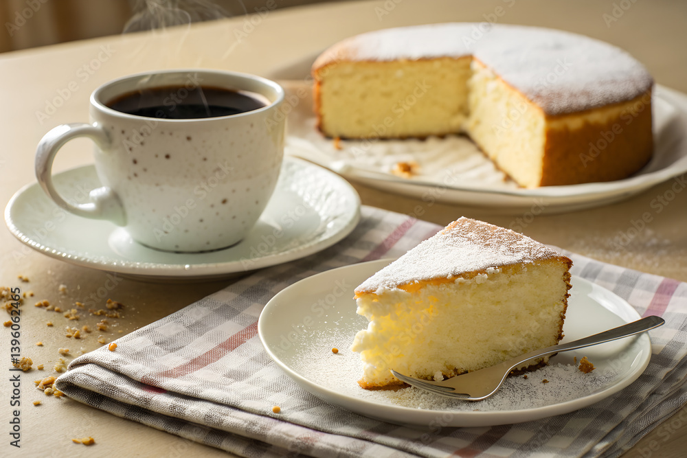 Delicious Cake Slice With Powdered Sugar And A Cup Of Steaming Coffee Still Life Delicious Cake Slice With Powdered Sugar And A Cup Of Steaming Coffee Still Life