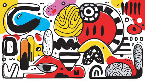 Abstract shapes interact visually within a colorful doodle composition