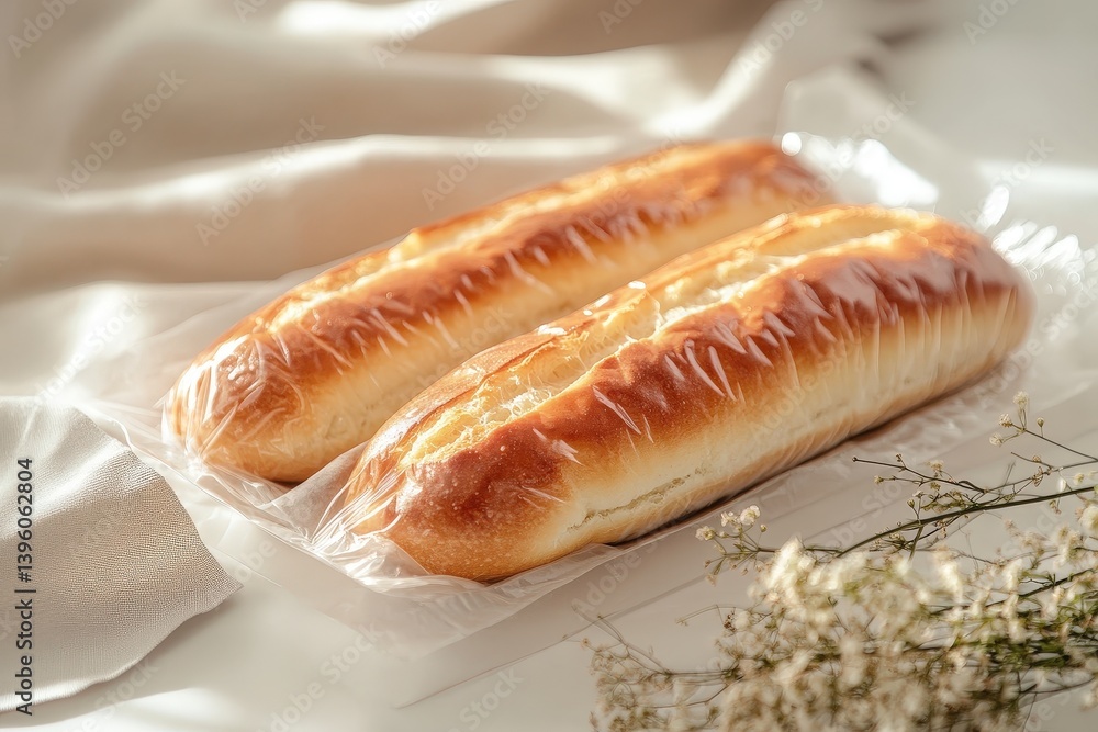Two loaves of bread wrapped in clear plastic packaging Two loaves of bread wrapped in clear plastic packaging