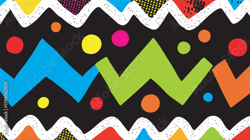 Colorful shapes zigzag abstractly against dark backdrop design
